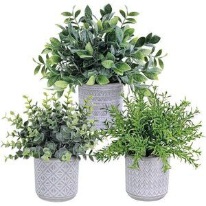 Set of 3 Small Fake Potted Plants Eucalyptus Rosemary Greenery in Ceramic Pots
